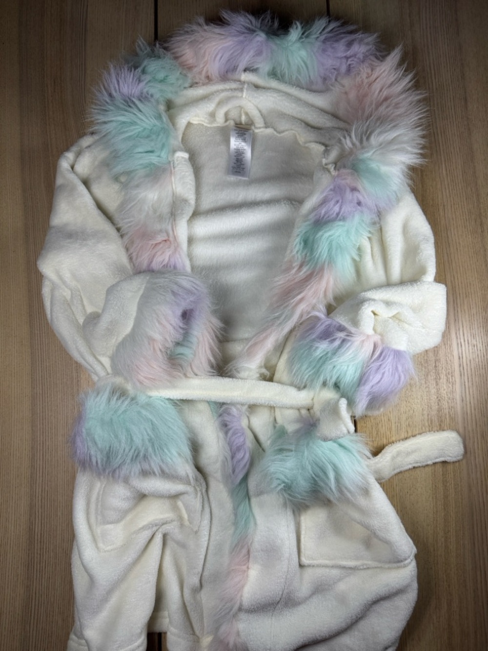 Pottery Barn Teen Cream Hooded Robe with Pastel Fur Trim - Picture 3 of 3